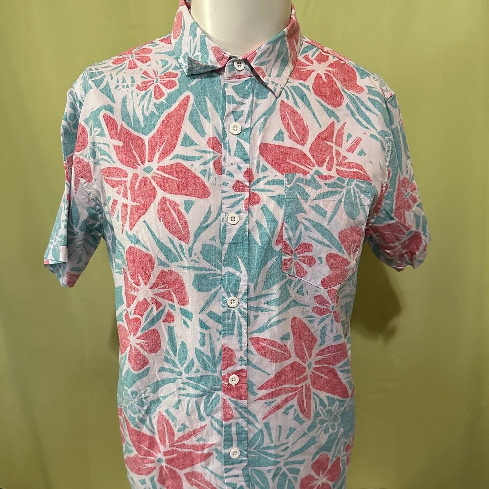 Maui & Sons Original Boardwear Men's Beige Red Green Floral Hawaiian Shirt Large